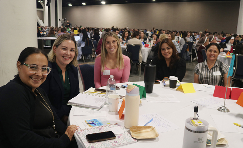 From left to right, Kristen Henderson, Pre-K teacher at Immaculate Conception School; Bianca Acosta, principal at Immaculate Conception School in Miami; Emily Bufford, PK2 teacher at Mary Help of Christians School in Parkland; Elba Hernandez, middle school teacher at St. Bernadette School in Hollywood; Lina Medina, PK teacher at St. Maximillian Colbe Pre-School in Pembroke Pines. They were among the 2,000 teachers who attended the Catholic Schools Professional Development Day, held Sept. 27, 2024 at the Broward Convention Center in Fort Lauderdale.