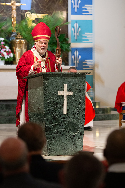 Archbishop Thomas Wenski preaches his homily at the 32nd annual Red Mass for Broward County legal professionals, hosted by the St. Thomas More Society of South Florida, Oct. 2, 2024, at St. Anthony Church in Fort Lauderdale.