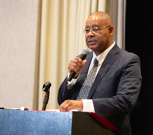 Judge Elijah H. Williams, Juvenile Delinquency Chairperson Division, 17th Judicial Circuit Court of Broward County Florida, speaks at a reception and dinner hosted by the St. Thomas More Society of South Florida, in Fort Lauderdale. Judge Williams received the Society's annual Archbishop Edward McCarthy Award.