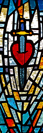 A sword pierces Mary's heart in this window at St. Lawrence Church, North Miami Beach, as Simeon predicted.