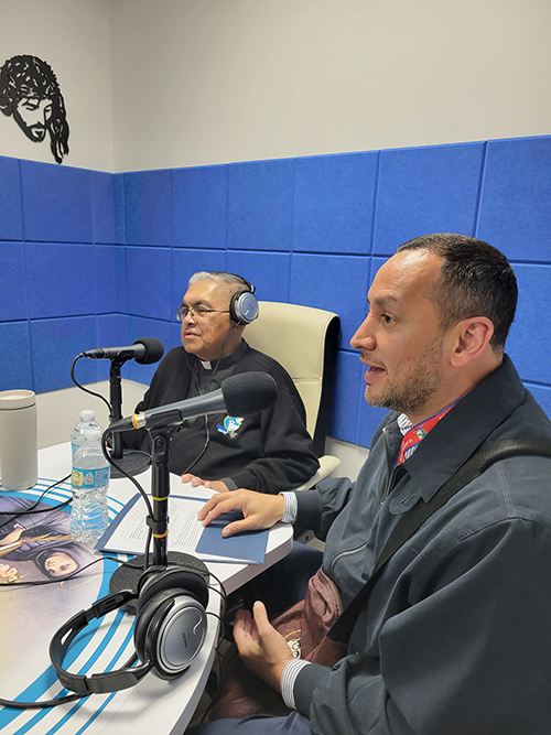 Msgr. Roberto Garza (left), director of Radio Paz, and Mauricio Villalta, director of public relations and human resources at Radio Paz, share the journey and changes of Radio Paz, the Catholic radio station of the Archdiocese of Miami. Both were invited to podcast recordings of What the Faith, Miami? and Cuentame Católico, which are produced by the Office of Communications of the Archdiocese of Miami.