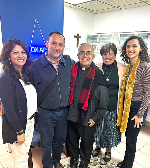 Msgr. Roberto Garza, center, director of Radio Paz, and Mauricio Villalta, director of public relations and human resources at Radio Paz, center left, shared the journey and changes of Radio Paz, the Catholic radio station of the Archdiocese of Miami on a podcast of What the Faith, Miami? and Cuéntame Catolico, which are produced by the Office of Communications of the Archdiocese of Miami. Also in the photo is Rocio Granados, editor of the Florida Catholic and La Voz Catolica newspapers, Ana Rodriguez Soto, former editor, and reporter Cristina Cabrera.