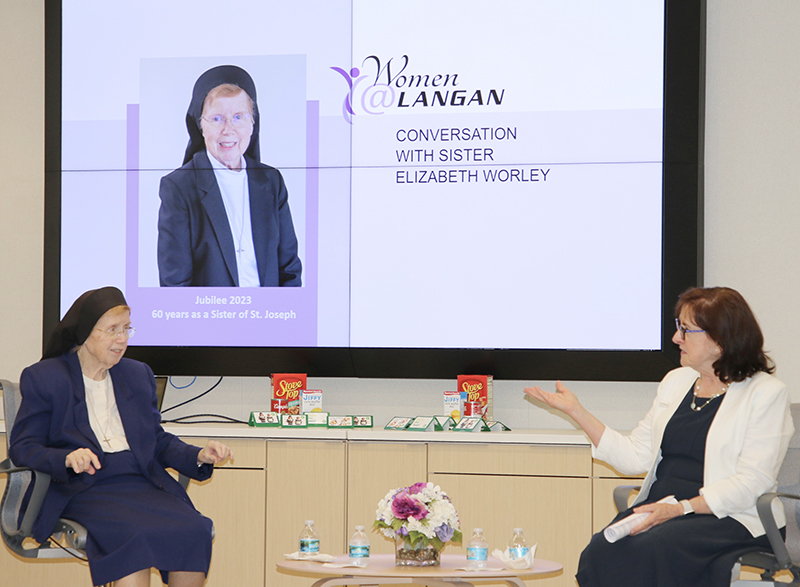 Sister Elizabeth Worley (left), chancellor for administration and chief operating officer at the Archdiocese of Miami, is interviewed by Cristina Gonzalez, senior principal at Langan Engineering & Environmental Services, during the Nov. 20, 2024 Women@Langan: Conversation with Sister Elizabeth Worley.