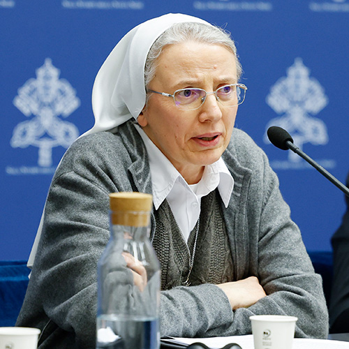 Consolata Missionary Sister Simona Brambilla, secretary of the Dicastery for the Institutes of Consecrated Life and the Societies of Apostolic Life, speaks during a news conference at the Vatican March 14, 2024, about study groups authorized by Pope Francis to examine issues raised at the synod on synodality.