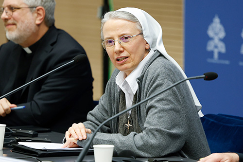 Consolata Missionary Sister Simona Brambilla, secretary of the Dicastery for the Institutes of Consecrated Life and the Societies of Apostolic Life, speaks during a news conference at the Vatican March 14, 2024, about study groups authorized by Pope Francis to examine issues raised at the synod on synodality.