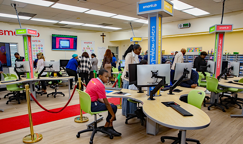 The new SmartLab at St. James School in North Miami has five computer islands in the center of the room with a total of 15 computers. The lab was blessed by Archbishop Wenski Jan. 22, 2025.