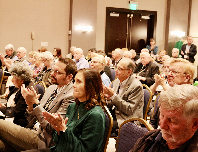 Attendees from throughout the United States and the world listen to speakers promoting vocations during the 2025 Serra USA Rally, which took place Jan. 23-25 at the Miami Marriott Dadeland.