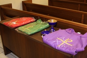 Sample of vestments and chalice that were donated by Moroneys' to the clergy in Haiti.