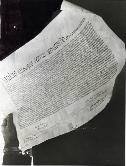 A papal bull such as this one will be read at the installation Mass. It is the decree of Pope Benedict XVI appointing Archbishop Wenski to Miami. The bull pictured here is the one issued by Pope Paul VI when he elevated Miami to an archdiocese and metropolitan see in 1968.