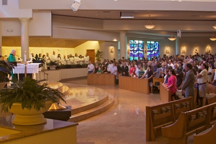 Father Edmond Prendergast, founding pastor, celebrates the Mass marking the 25th anniversary of St. Bonaventure Parish.