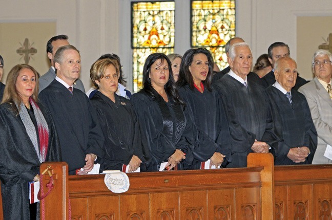 Left to right, Appellate Judge Leslie Rothenberg, Appellate Judge Richard Suarez, Circuit Judge Mari Sampedro Iglesia, County Judge Ana Maria Pando, Circuit Judge Beatrice Butchko, Federal Judge James Lawrence King, Magistrate Judge Peter Palermo and Chief Federal Judge Fred Moreno