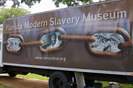 Parishioners from St. Maurice as well as members of other denominations visit the mobile Florida Modern Slavery Museum during its stop at the parish May 1.