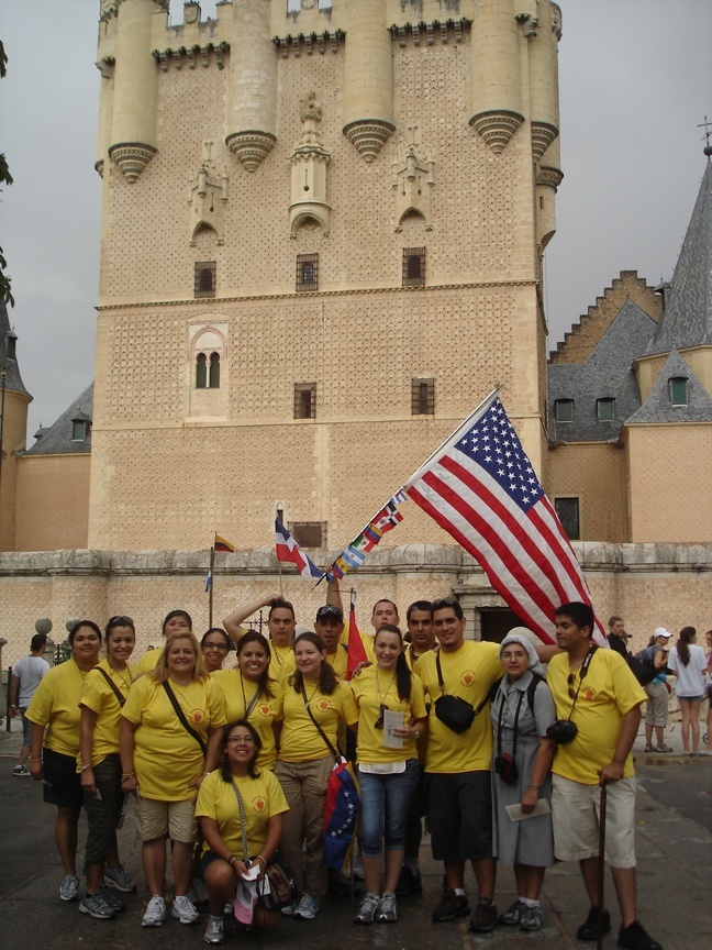 Miami pilgrims to World Youth Day pose for a photo outside the cathedral in Segovia, where they spent the days leading up to the papal events in Madrid.