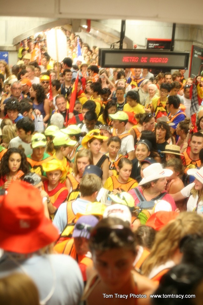 Youths taking part in World Youth Day make for worse-than-rush-hour crowds at a Metro station in Madrid.