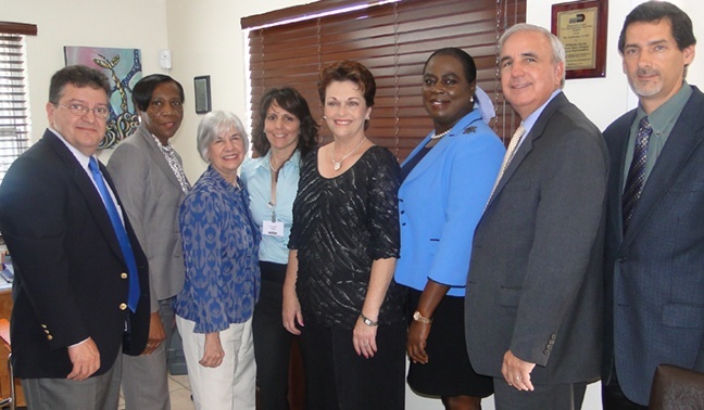 Pictured during the tour of Centro Mater in Little Havana, from left: Dr. J. Abilio Rodriguez, program director, Centro Mater West; Jane McQueen, director Head Start/Early Head Start Program; Miriam Roman, executive director, Centro Mater Child Care Services; Madelyn Rodriguez, program director, Centro Mater East; Miami-Dade County Commissioner Rebeca Sosa; Julie Edwards, director, Community Action Agency; Miami-Dade County Mayor Carlos Gimenez; and Evelio Torres, Chief Executive Officer, Early Learning Coalition.