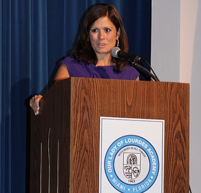 Former anchor of the CBS Early Show and Lourdes alumnae Maggie Rodriguez served as the master of ceremonies at the groundbreaking ceremony.