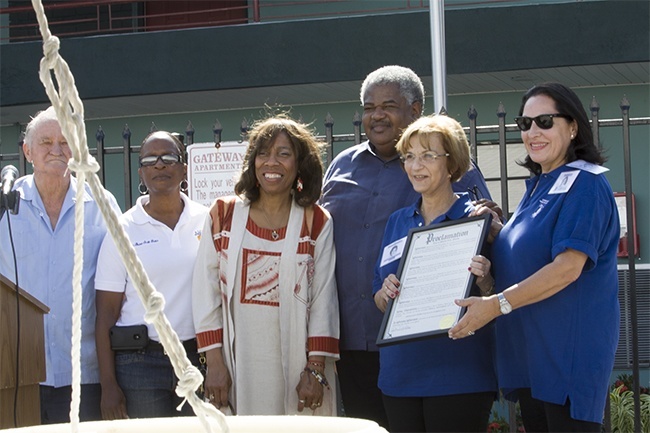 Florida City's mayor and commissioners present a special recognition to Carmencita Romaach and Carmen Valdivia of Operation Pedro Pan Group. From left: Commissioner R. S. Shiver, Commissioner Sharon Butler, Vice-Mayor Avis Brown, Mayor Otis T. Wallace, Romanach and Valdivia.