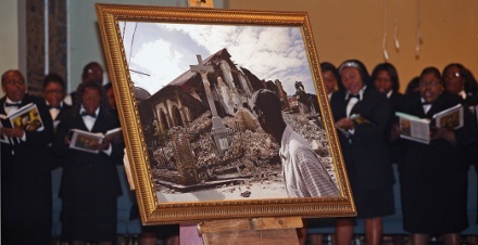 A picture of the ruins of Port-au-Prince's cathedral was on display during the Mass.