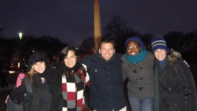 FIU students and alumni pose in front of the Washington Monument during their trip to D.C. for the March for Life. From left: Lisa Brown, Maria Olmos, campus minister Rigo Vega, CJ Opaleke, and Roxana Santamaria.