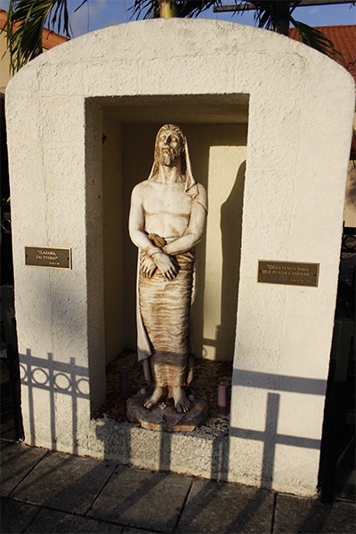 Image of Lazarus, the brother of Martha and Mary, friend of Jesus whom he raised from the dead. This outdoor shrine is at the entrance to San Lazaro Church in Hialeah.