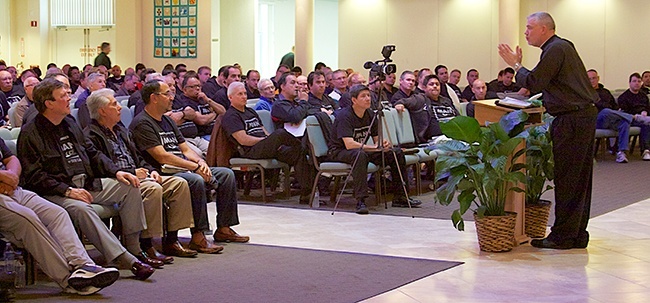 Father Larry Richards exhorts the men to follow the example of Jesus and "lay down their life for God" in order to become people of love.