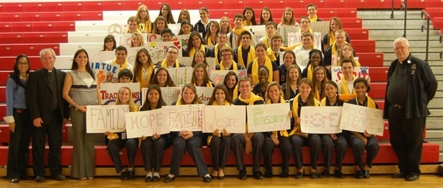 Chaminade-Madonna College Preparatory students, joined by (from left) their principal Teresita Wardlow, Father Michael Grady of St. Jerome, their teacher Gina Billisi and their president, Marianist Father Larry Doersching, celebrated Catholic Schools Week with the theme of "Choosing Catholic Education in the Marianist Tradition."