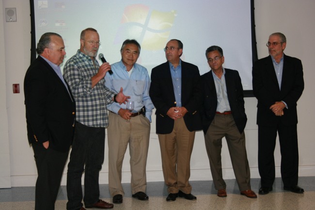 Pictured at the reception marking the 25th anniversary of the Belen observatory, from left: Jose A. Garrido, Jr., Alberto Gonzalez-Pita, Alberto Li, Camilo Lopez III, Ramon Collado, and Vicente Cossio, members of the class of 1972, which made possible the observatorys foundation 25 years ago.