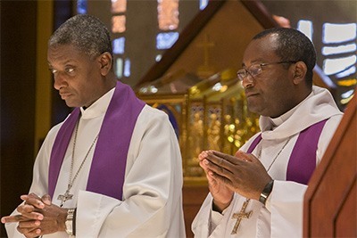 Bishop Chibly Langlois of Les Cayes, president of the Haitian bishops' conference, and Bishop Launay Saturn of Jacmel, take part in the Mass.