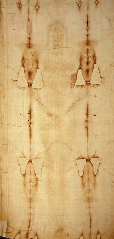 The Ventral (Frontal) view of the Shroud of Turin as it appears in natural light.