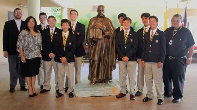 Congratulations to the nine Benjamin Matza Award recipients for 2012-2013. This award is given to students who received an A in each semester of each subject throughout all three years of middle school. It is the highest award given to eighth graders. Pictured: Christian Anthony Delgado, Daniel Luis Garrastazu, Esteban Guio, Carlos Eduardo Marin, Daniel Jose Otero-Pfaeffle, Lucas Ignacio Pola, Nicholas Alwyn Senior, Sebastian Pierce Suarez, Jesuit Father Jorge Rojas, assistant principal, Maria Cristina Reyes-Garcia, principal, and Jesuit Father Pedro Suarez, school president. *Not pictured: Matthew Edward Bec.