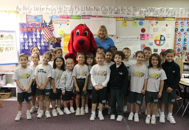 Mrs. Borello's Kindergarten class get up close and personal with Clifford The Big Red Dog during Catholic Schools Week.