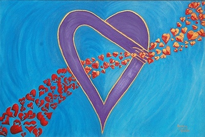 Oil painting by Patricia Forde Ahr, wellness coordinator at Camillus House, shows broken hearts being healed as they flow through the shelter's logo. The painting is reproduced on the backs of the staff's business cards.