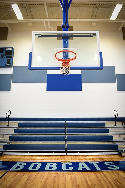 View of the basketball hoop in the new Lourdes Academy gym.