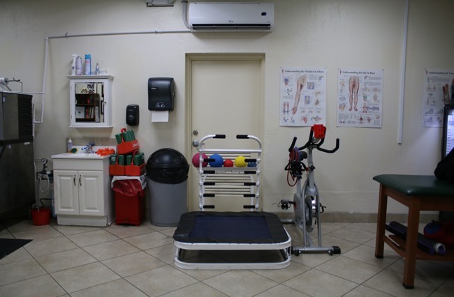 View of St. Brendan High School's new training room, with some of the new medical and training tools acquired by the school to help athletes prevent and treat sports injuries.