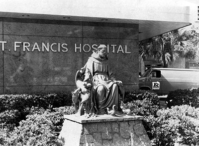 Statue of St. Francis when it graced the entrance to St. Francis Hospital in Miami Beach. When the hospital closed, it was moved to the Franciscan Center in Tampa.