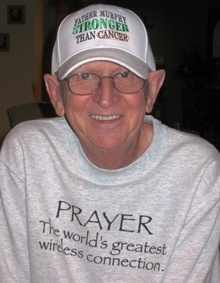 Father James P. Murphy, pastor of Our Lady of the Lakes, Miami Lakes, was diagnosed with multiple myeloma, a cancer of the blood, in June 2009. The hat, which reads "Father Murphy stronger than cancer" was a gift from the blood bank where he and his parishioners have contributed thousands of pints of blood over the years.